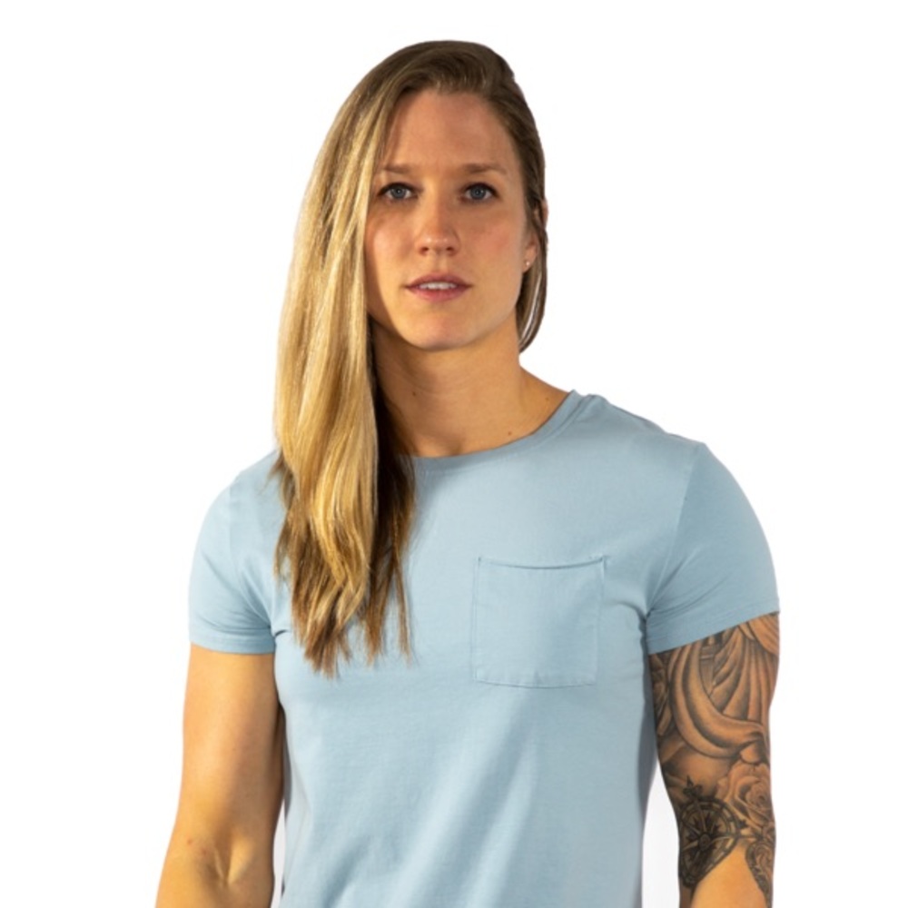 Alpha forward blue scoop neck pocket tee